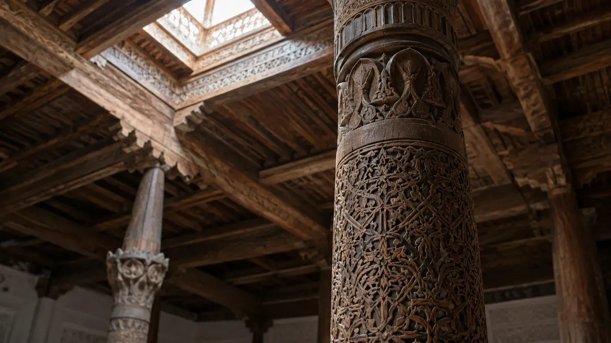 Carved wooden column in a Khiva mosque Carved wooden column in a Khiva mosque
