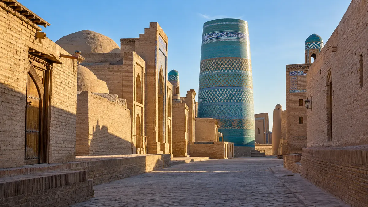 Khiva’s brick walls and tiled minaret