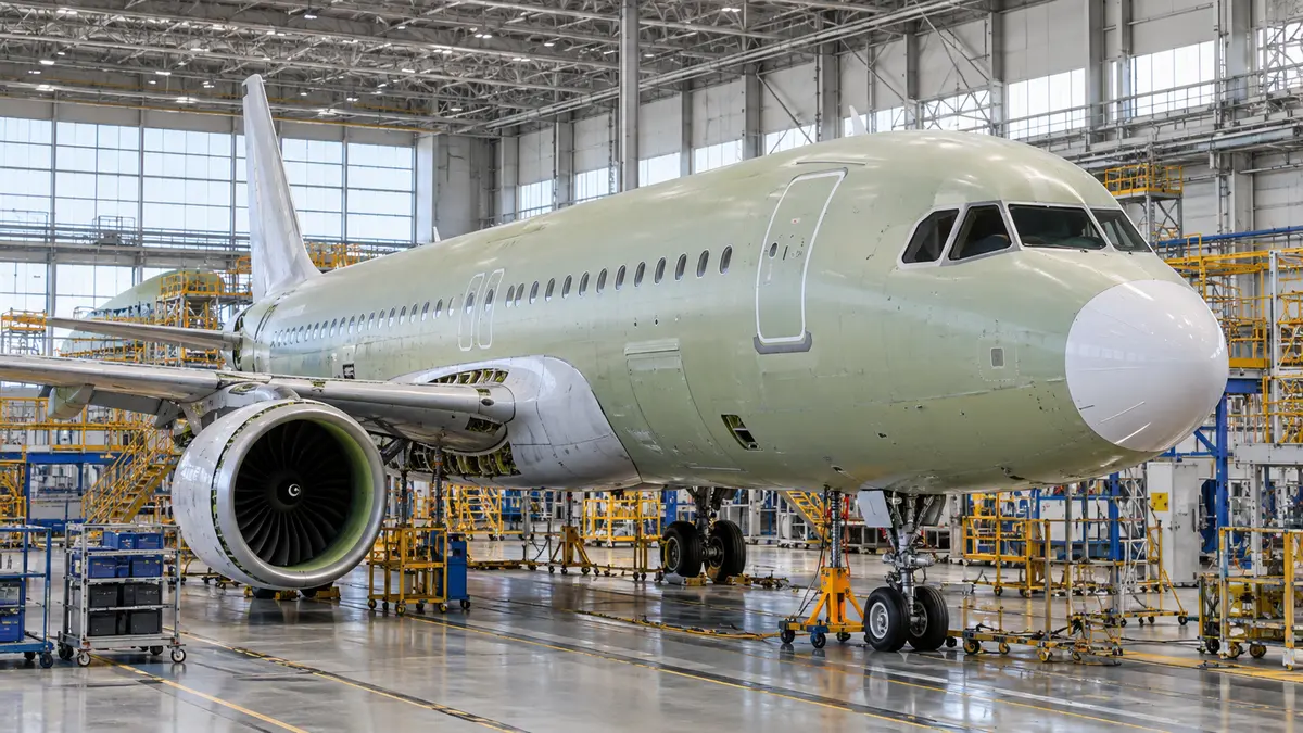 Unbranded narrow-body passenger aircraft fuselage on a final assembly line in a spacious aviation hangar