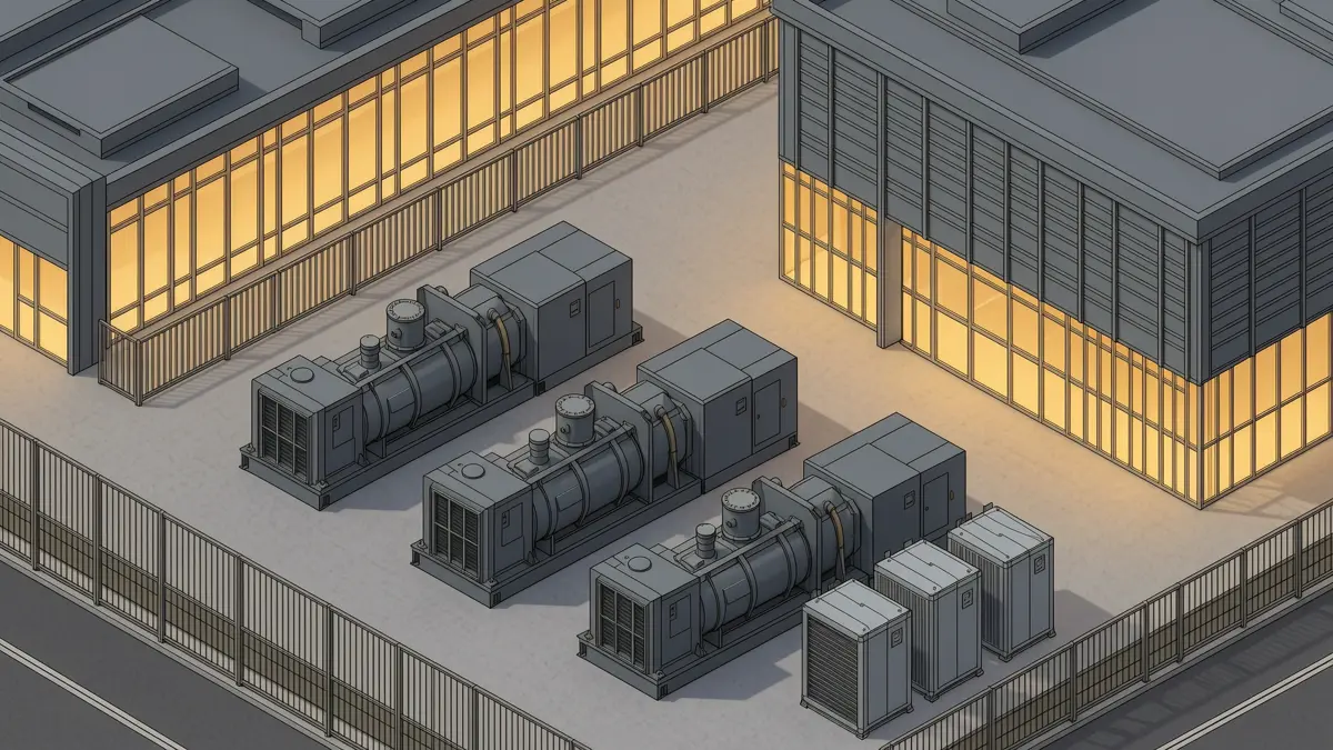 Backup power generators beside a modern data centre building at dusk