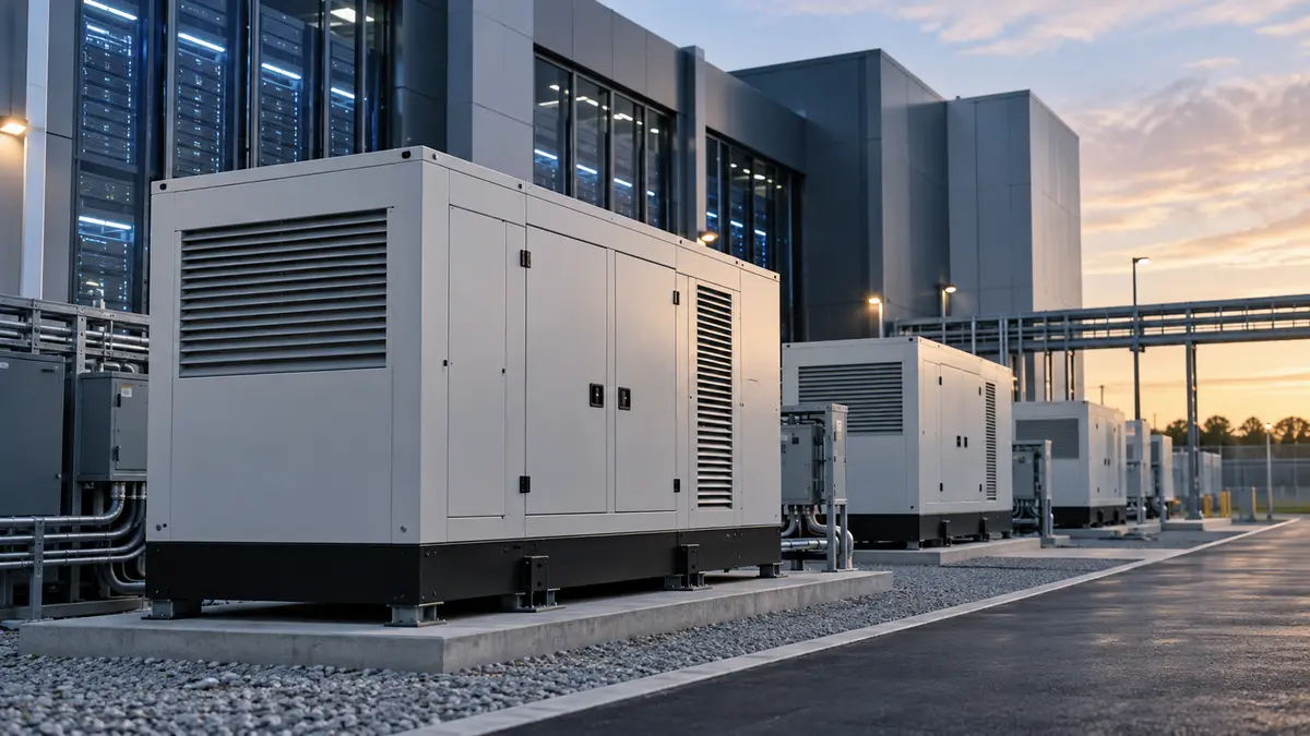 Industrial backup generator enclosures beside a modern data centre building