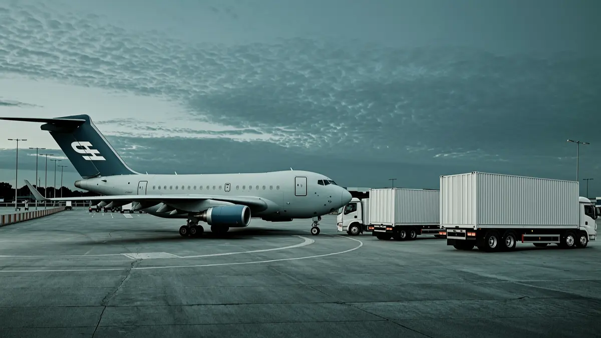 A cargo aircraft and delivery trucks at a logistics hub