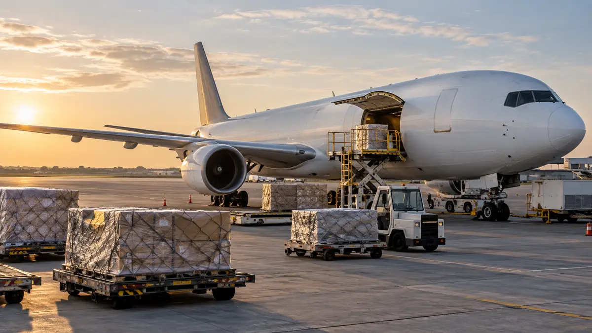 Unbranded cargo aircraft parked on an airport apron beside freight pallets and delivery trucks