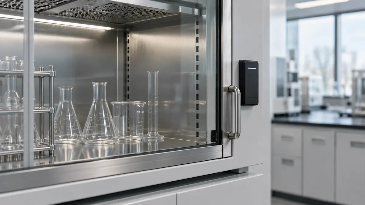 Closed clean laboratory cabinet with empty glass flasks and a secured access card reader