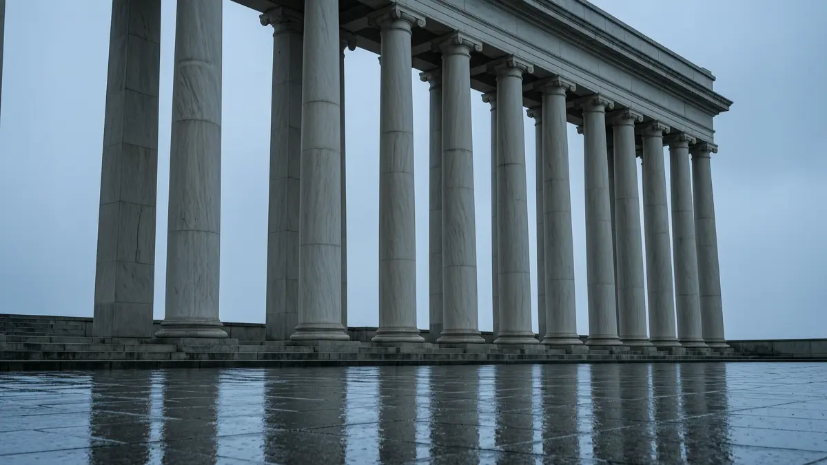 Colonnade of a classical central bank building under an overcast sky with wet reflective pavement