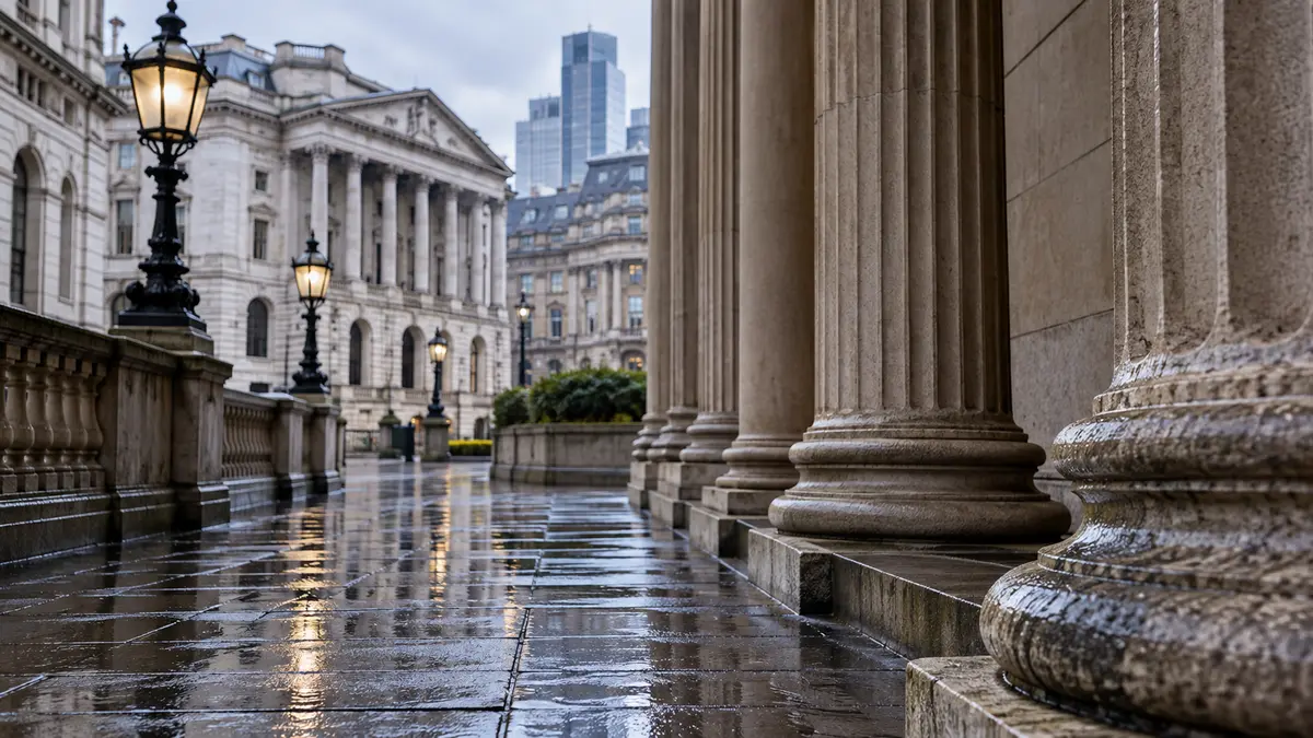 London financial district stone colonnade with wet pavement after rain