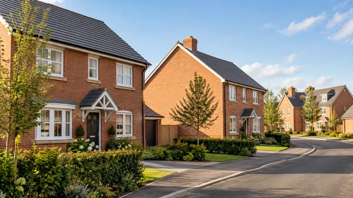Newly built British brick houses on a tidy residential development street