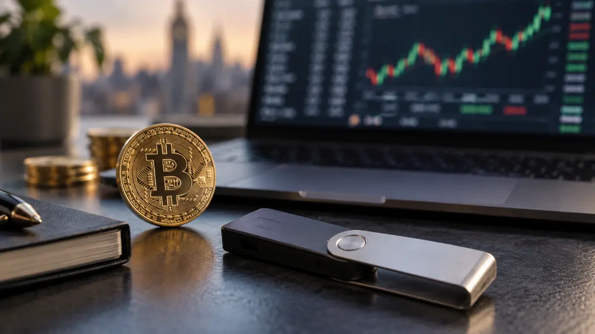 Hardware cryptocurrency wallet beside a laptop with softly defocused market screens