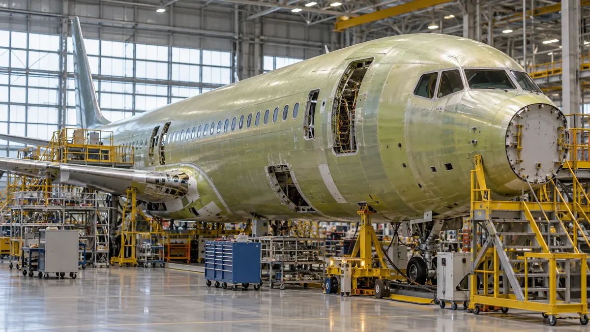 Unpainted passenger aircraft fuselage in a spacious aircraft manufacturing hangar