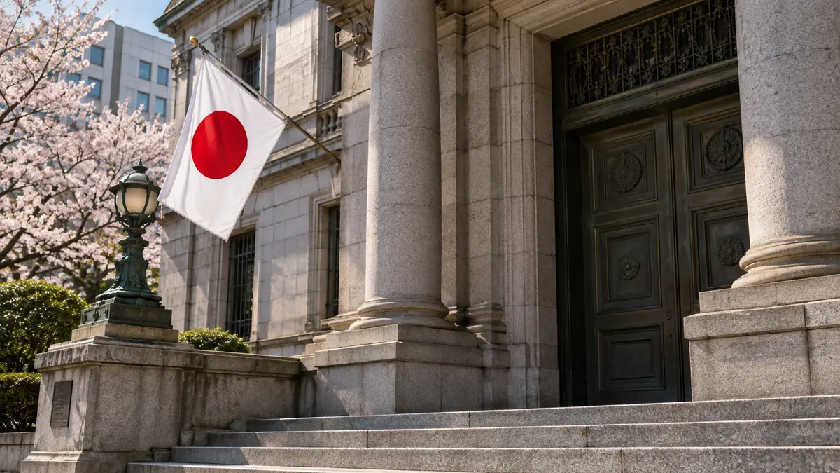 Japanese bank entrance with stone architecture and a small Japanese flag