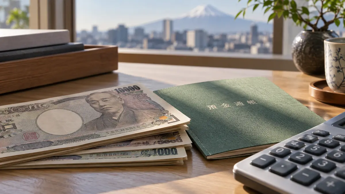 Japanese yen notes beside a savings book and a calculator in natural window light