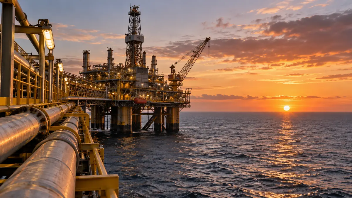 Offshore oil platform at sea with industrial pipework in evening light
