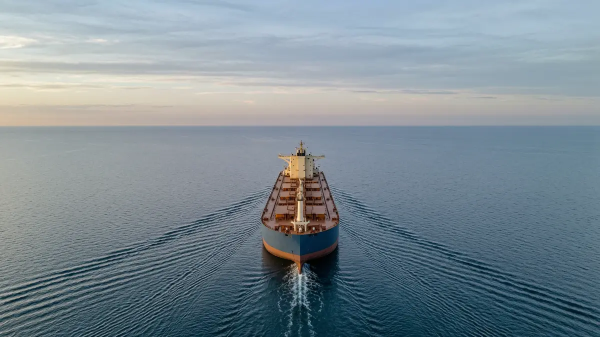 Crude oil tanker crossing calm open sea at dawn
