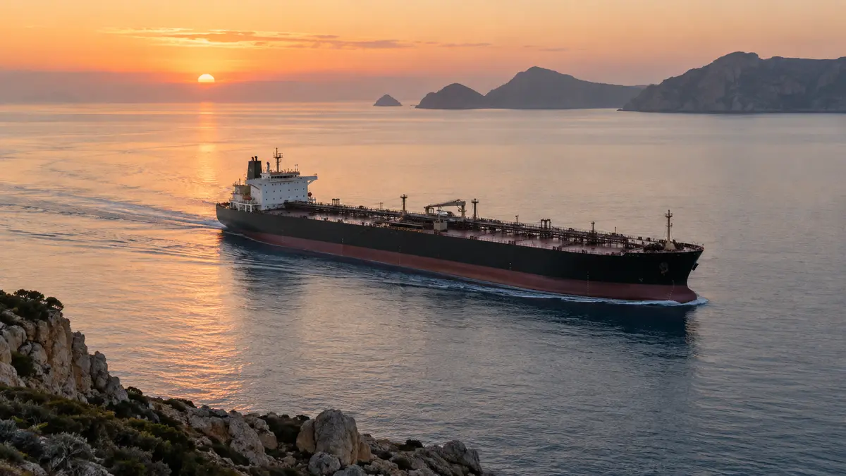 Unbranded crude oil tanker crossing calm open water at dawn