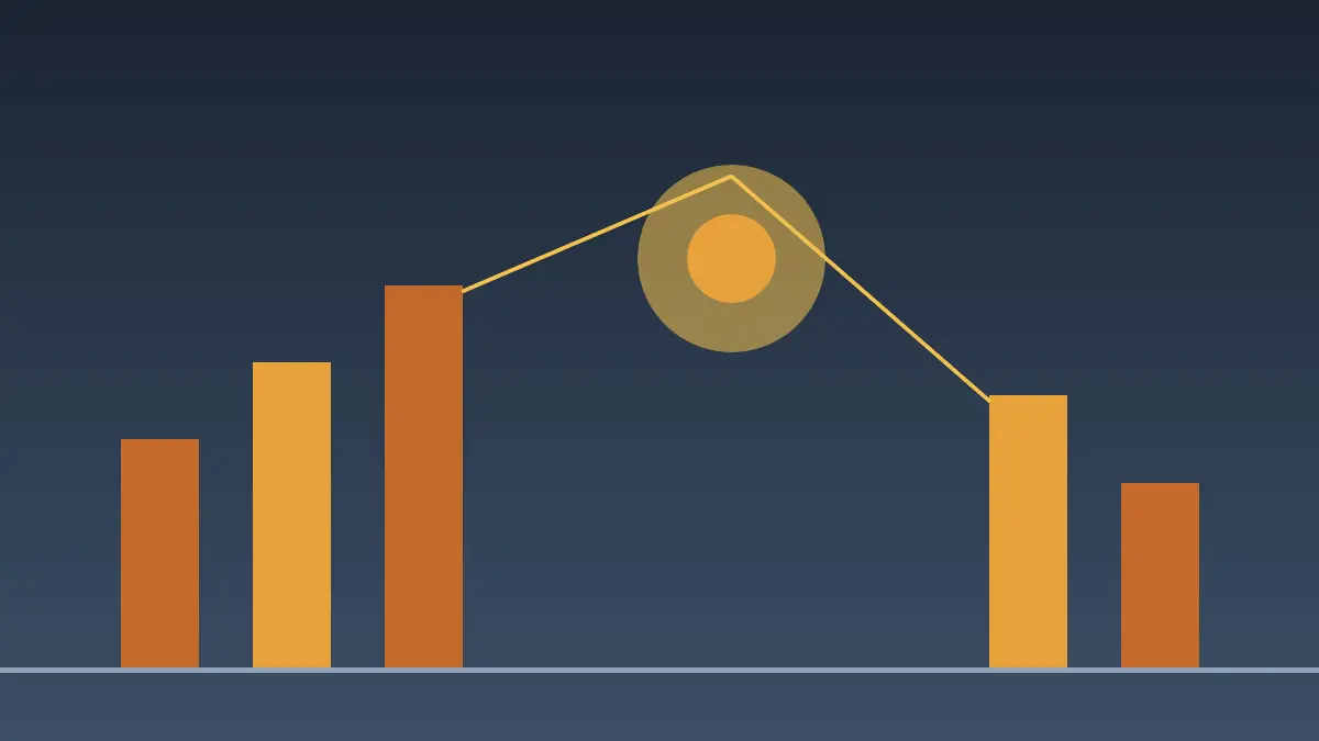 Abstract industrial composition in steel-blue and amber tones with factory-like columns and a glowing furnace circle