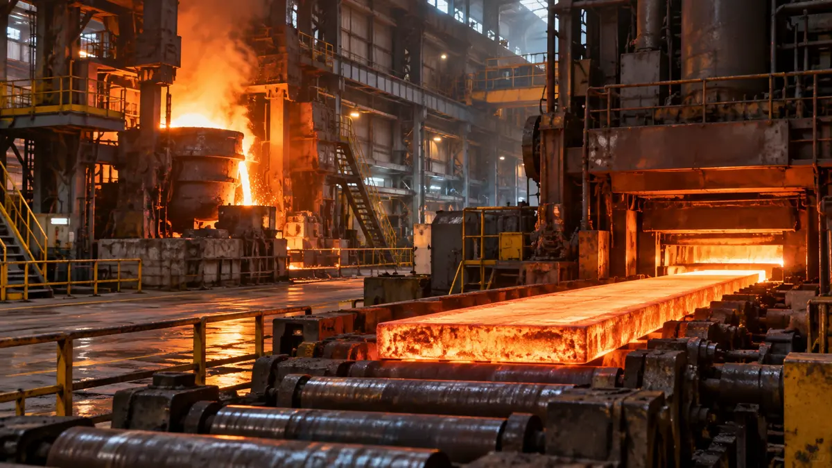 British steelworks furnace hall with glowing molten metal and heavy rolling equipment