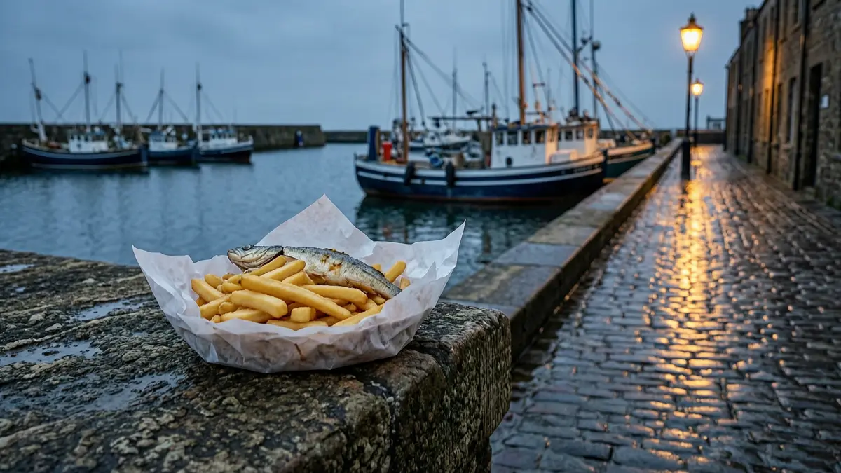 A paper-wrapped serving of fish and chips on a stone harbour wall at dusk, fishing boats in the background