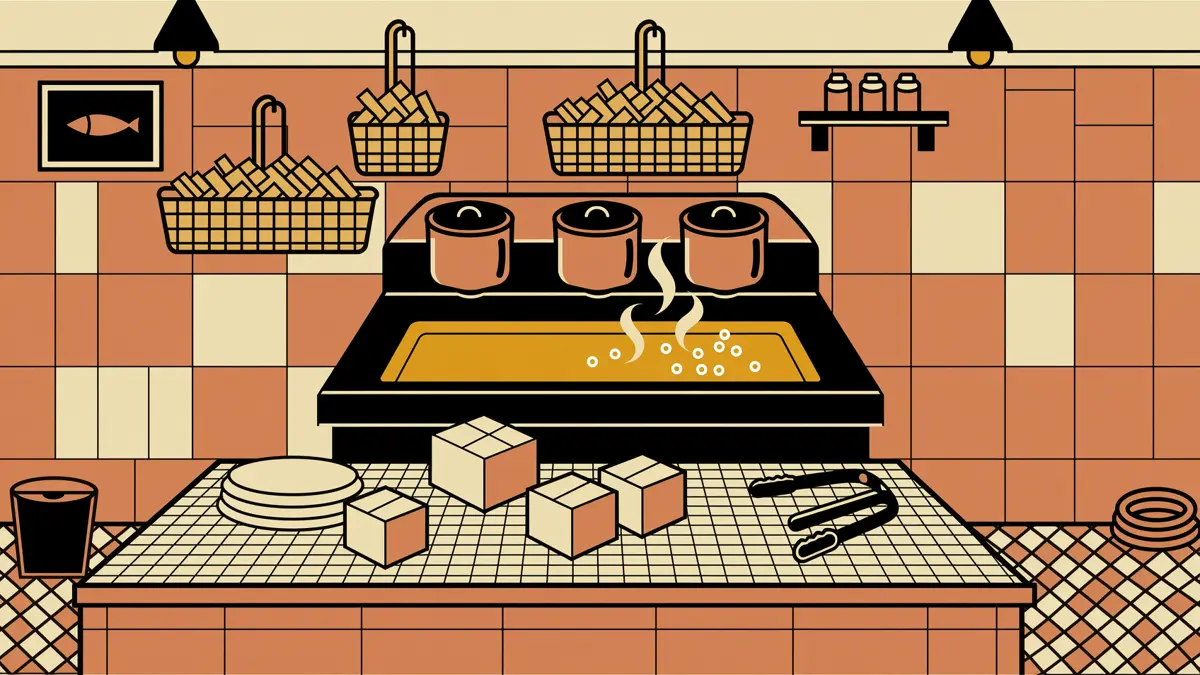 Stylised illustration of a fish and chip shop frying range with baskets of chips and wrapped parcels