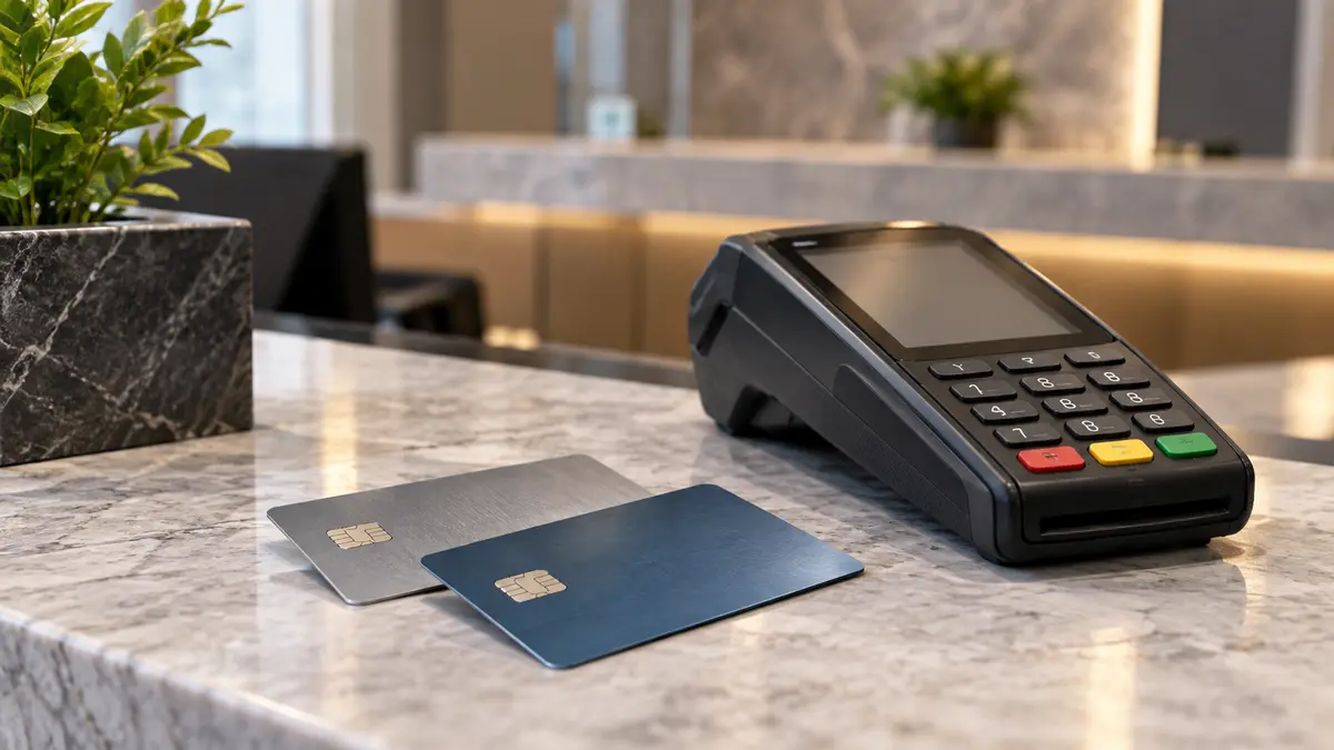 Two unbranded payment cards beside a card terminal on a bank service counter