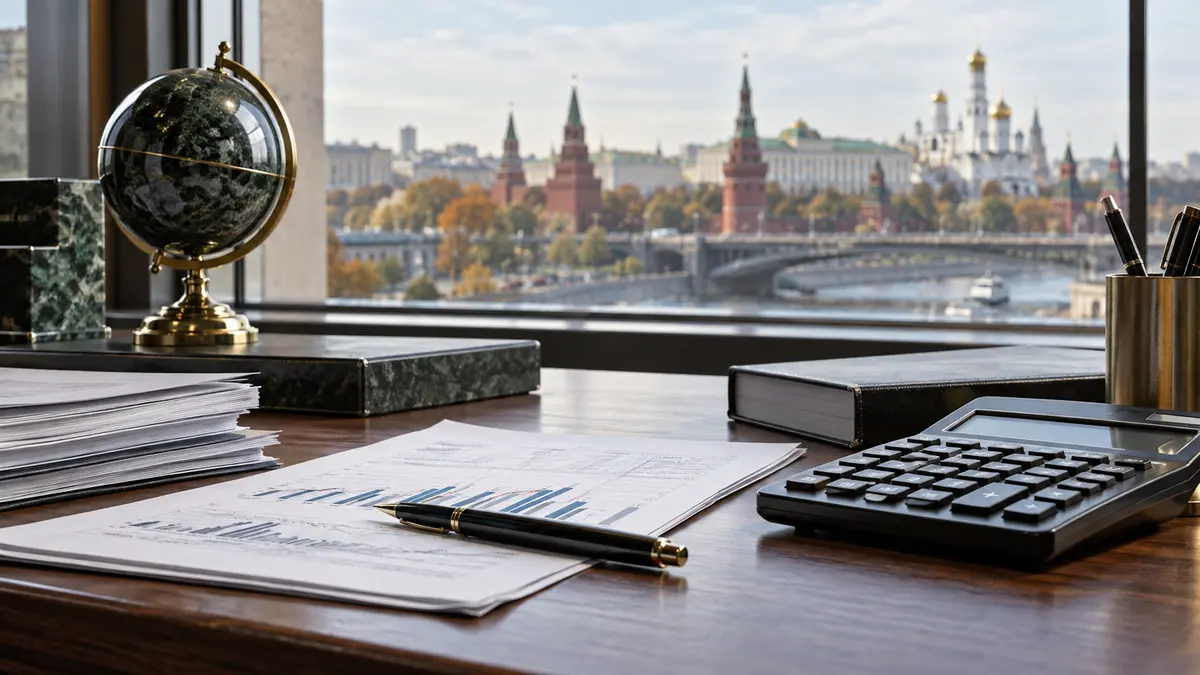 Monetary policy documents and calculator on a banking desk by a window