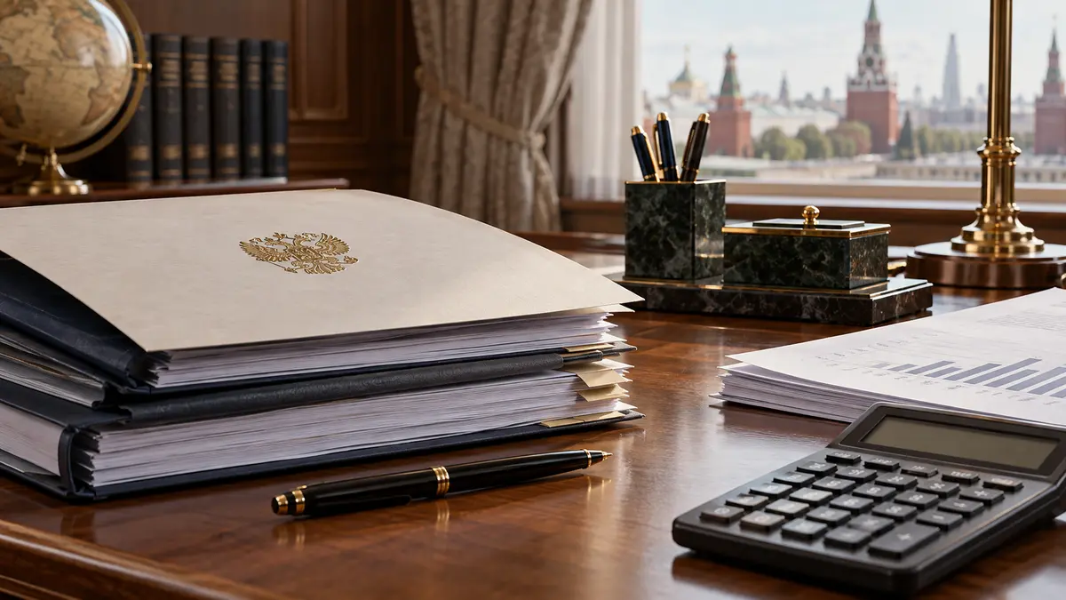 Central-bank policy folders and a calculator on a formal wooden desk