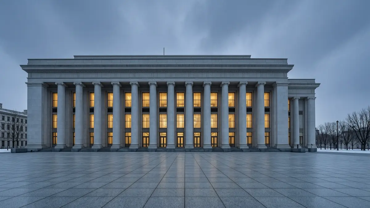 Neoclassical central bank building with tall columns and lit windows at dusk under an overcast winter sky