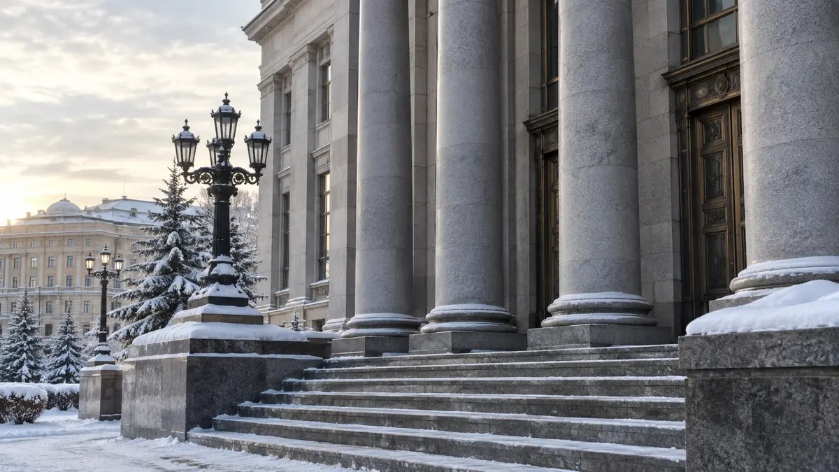Winter street view of a formal stone bank building with tall columns