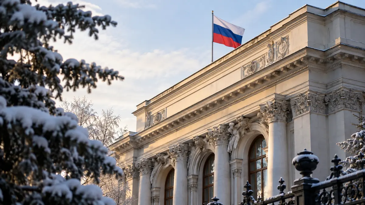 Банковское здание с российским флагом