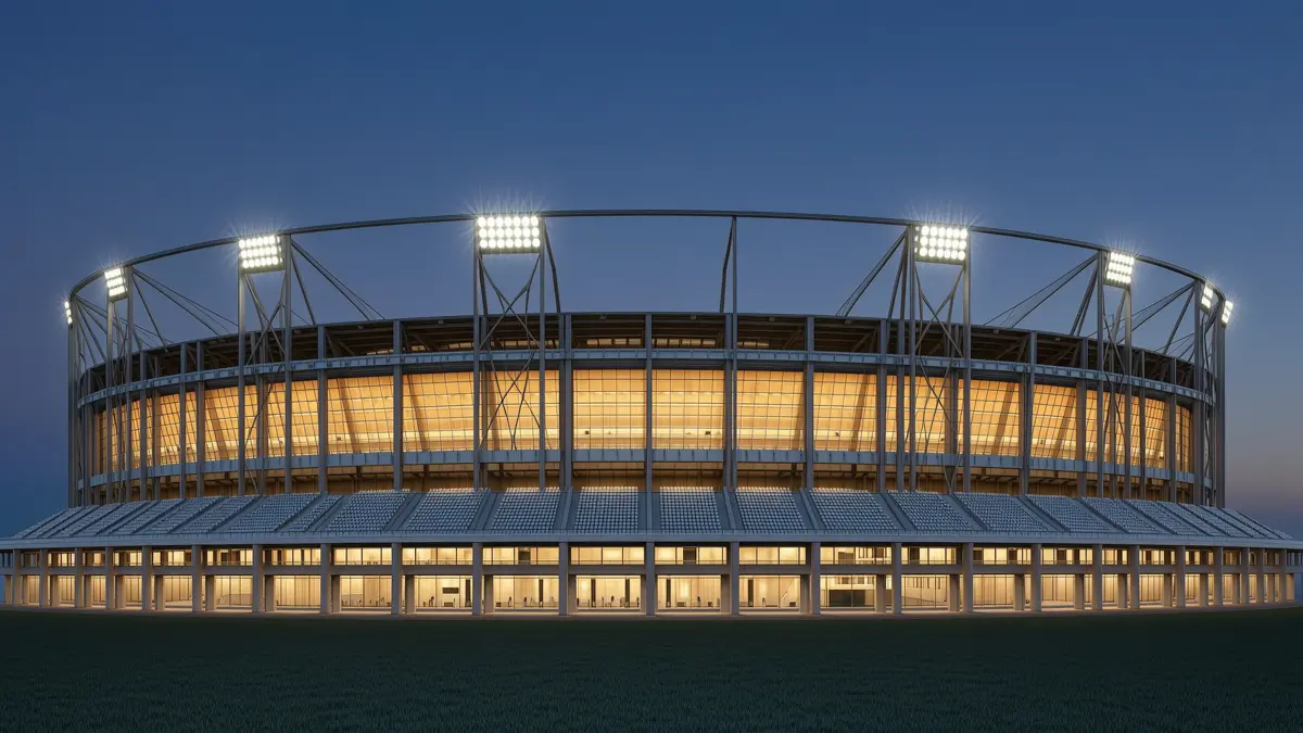 Modern football stadium at dusk with glowing floodlights and a steel-blue and amber colour scheme