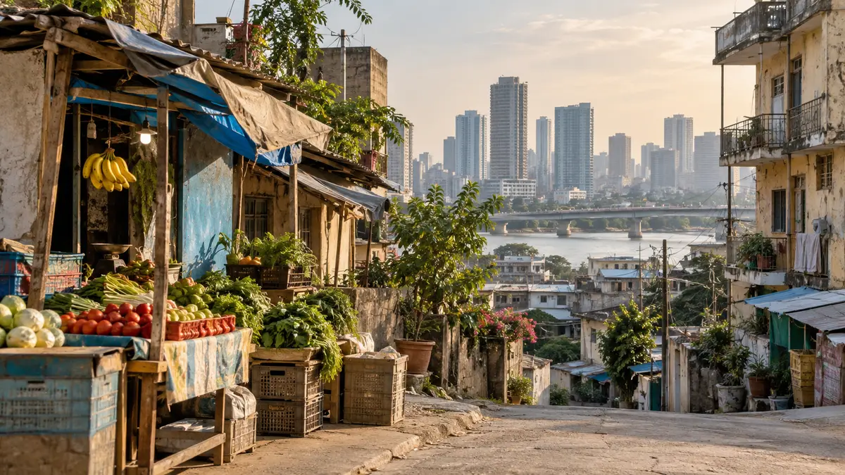 Small street-side market stalls and modest apartment buildings in a developing-world city