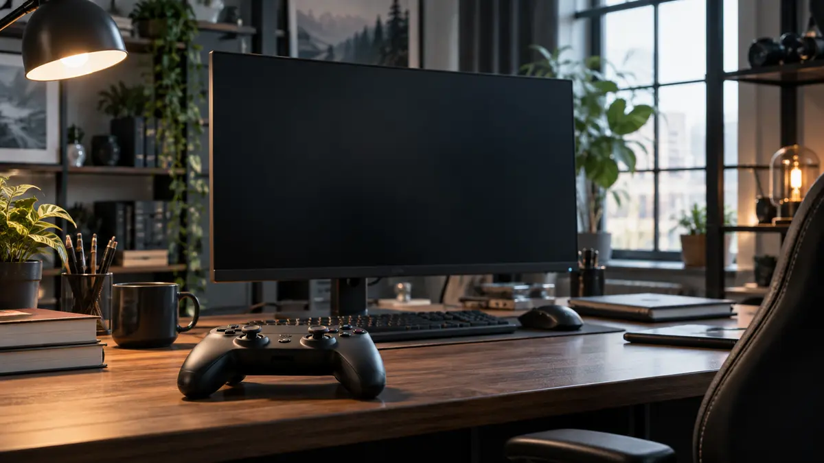Game controller and development workstation with a blank large monitor in a studio