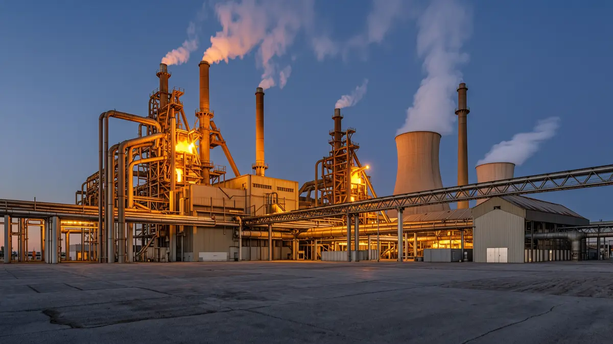 A European steel and metals plant at dusk with blast furnaces, cooling towers and glowing amber furnace light