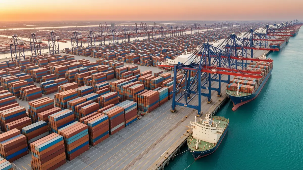 Aerial view of a container terminal with stacked shipping containers, gantry cranes and a moored cargo vessel at sunrise Aerial view of a container terminal with stacked shipping containers, gantry cranes and a moored cargo vessel at sunrise