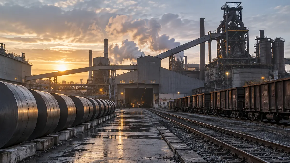 Large European steelworks with a quiet rail siding and heavy industrial buildings