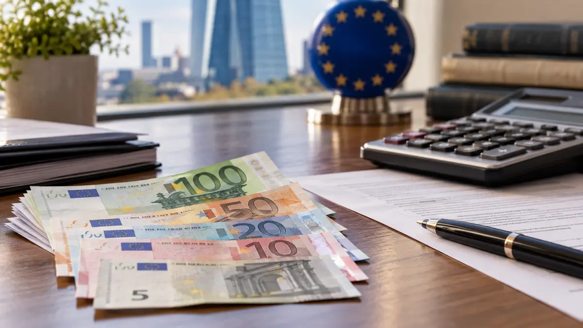 Euro banknotes beside loan paperwork and a calculator on a banking desk