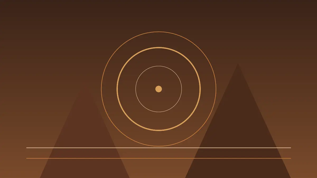 Abstract terracotta and amber editorial illustration with concentric rings, triangular shapes and horizon lines