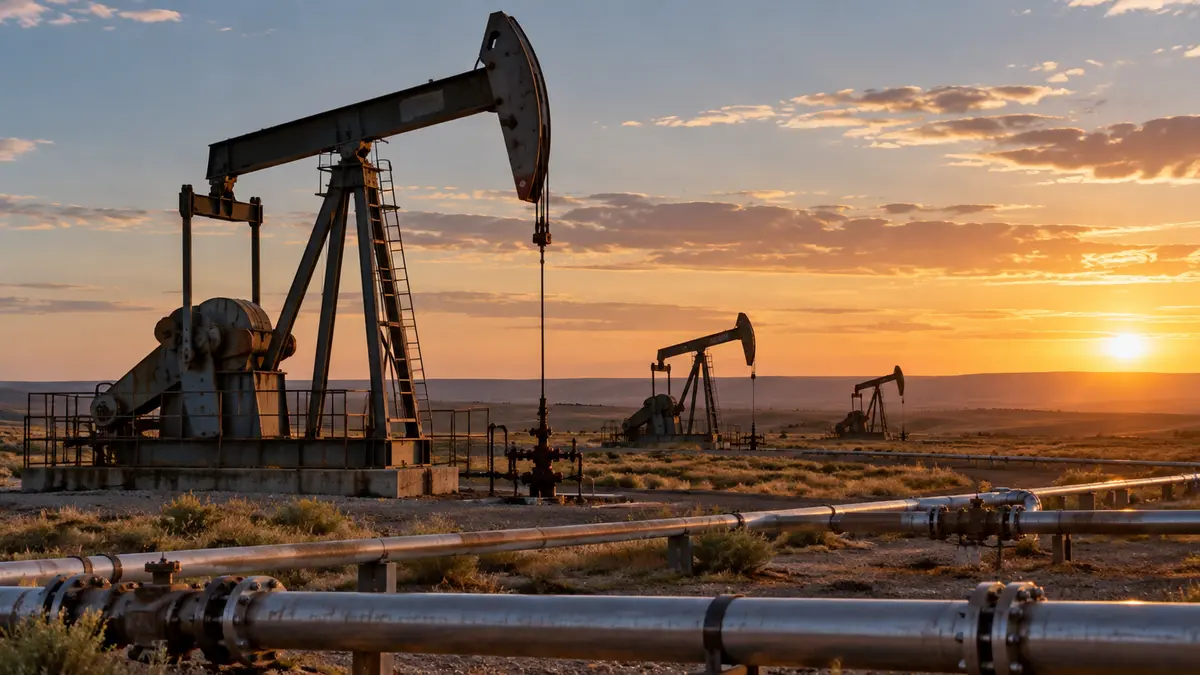 Oil pumpjacks and gathering pipelines in a broad shale-field landscape