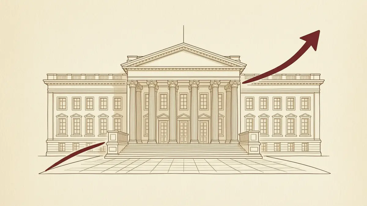 Central bank facade with a rising interest-rate line