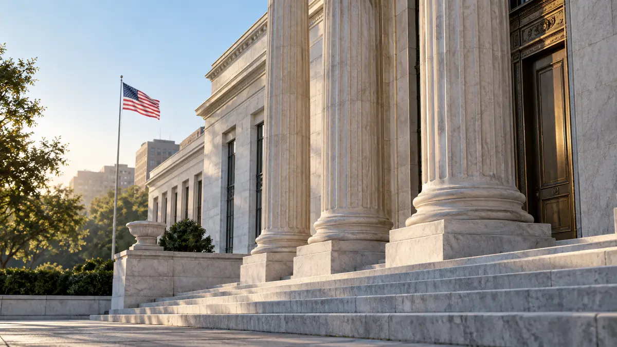Stone central-bank facade with classical columns in an American city