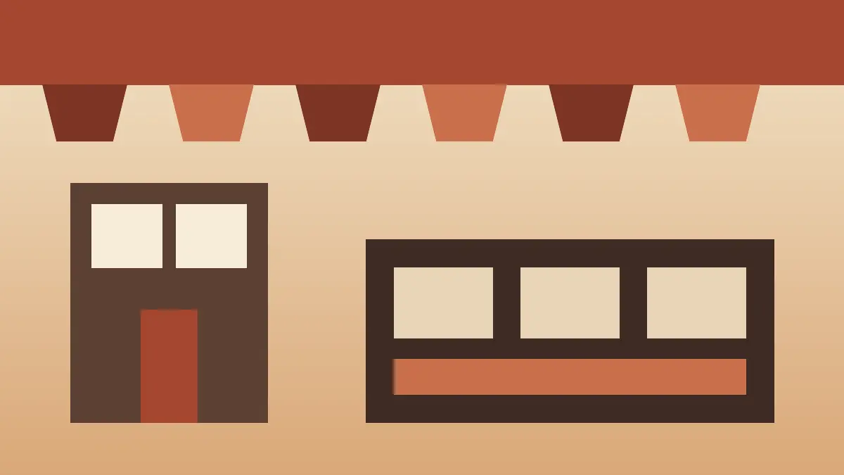 Abstract terracotta and sand illustration of stylised shopfront awnings and restaurant facades