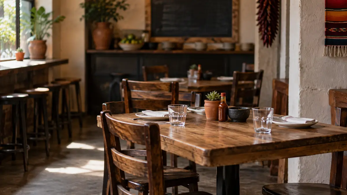 Small independent restaurant dining room with simple wooden tables and a chalkboard turned away