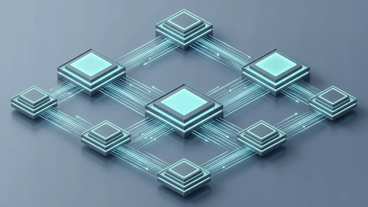 Abstract isometric network of glowing geometric blocks connected by flowing light streams on a steel-blue background