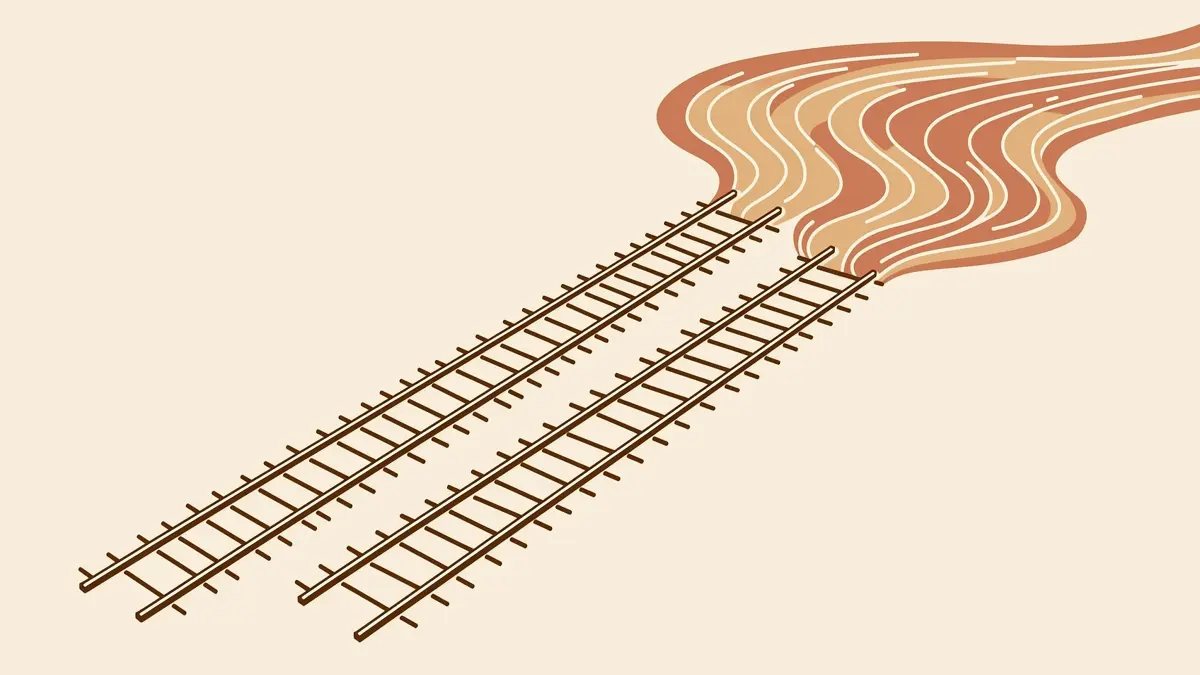 Line-art illustration of two parallel tracks converging into a flowing river of light on a cream background