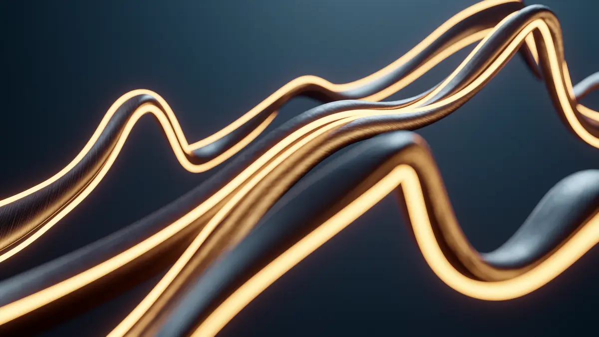 Abstract glowing ribbons rising and falling through a dark steel-blue space