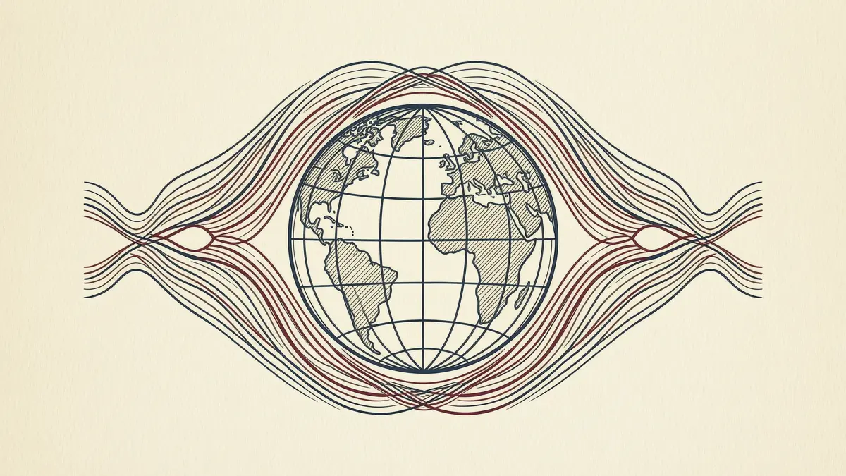 Line-art illustration of a globe encircled by flowing contour lines
