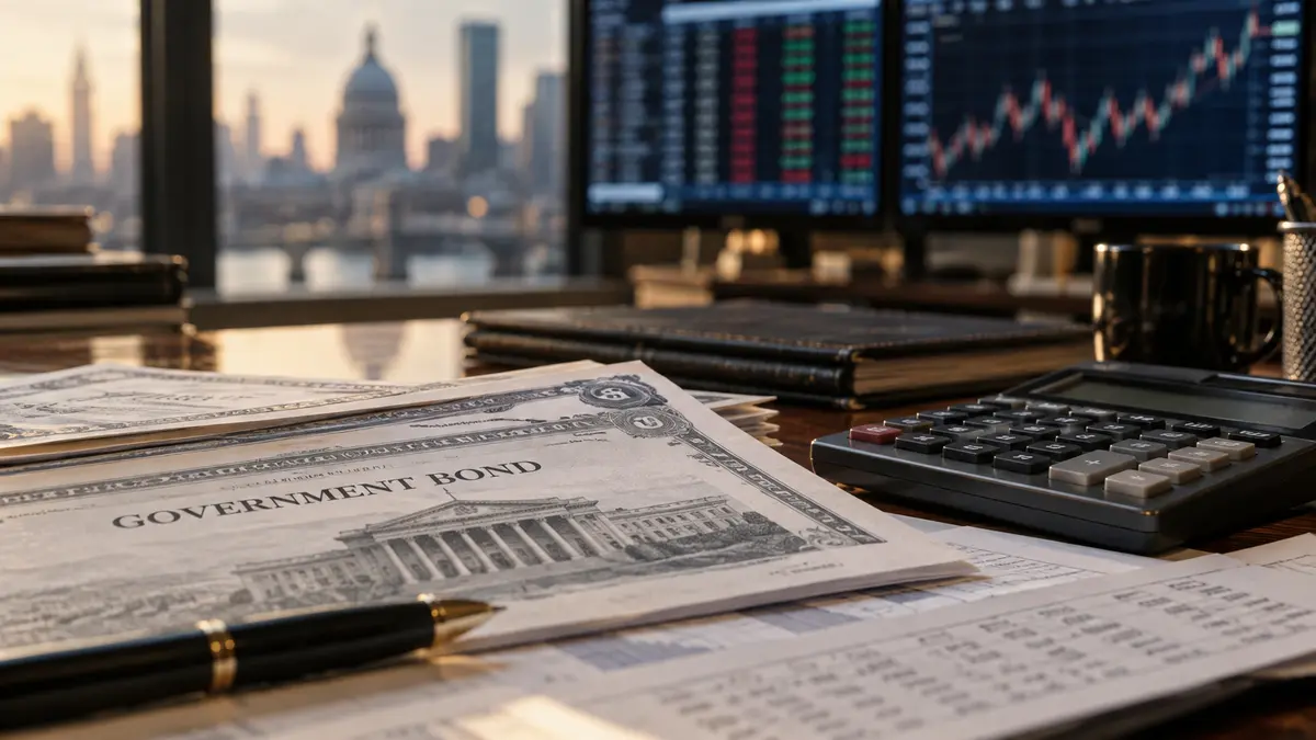 Government bond documents and a calculator on an investment desk with defocused trading screens