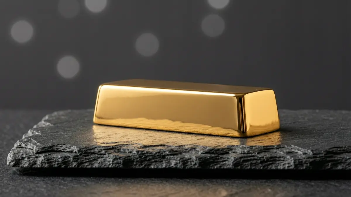 A polished unmarked gold bar resting on a dark slate stone with soft amber light