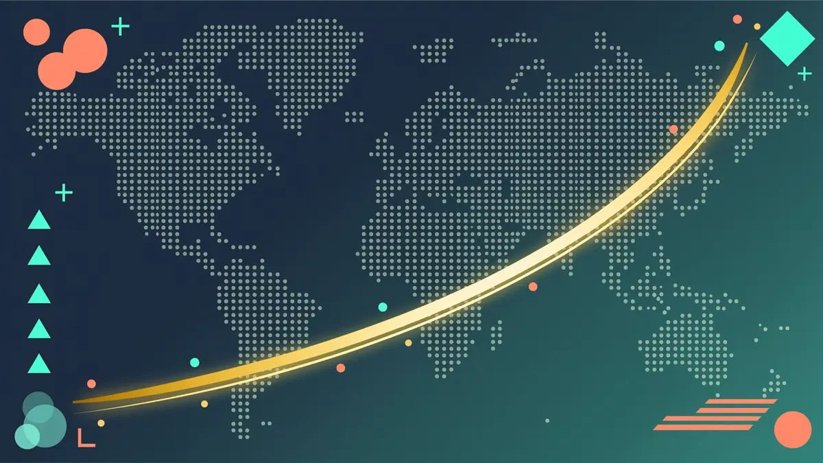 Abstract flat infographic of a smooth golden curve rising across a dotted world map on a deep navy and teal background