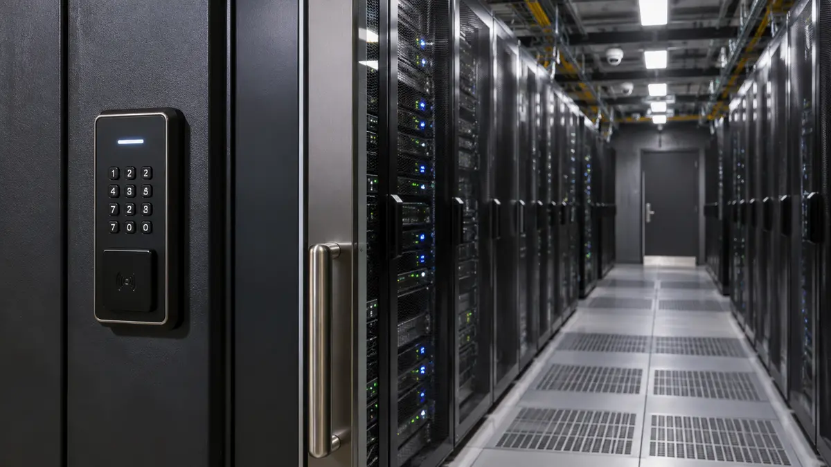 Secured cloud data centre aisle with server racks and access control hardware
