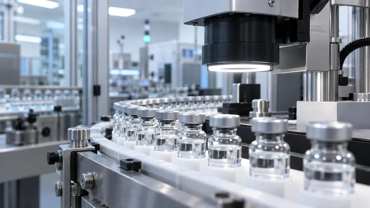 Pharmaceutical production laboratory with glass vials and a precision inspection instrument